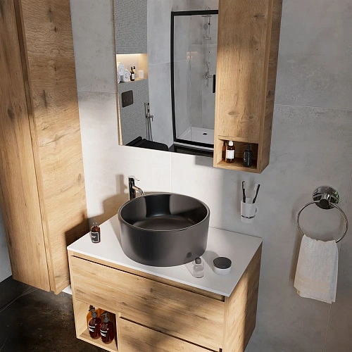 Комплект мебели STWORKI Карлстад 75 дуб рустикальный, простоун беж, с раковиной на выбор 548218 Комплект мебели STWORKI Карлстад 75 дуб рустикальный, простоун беж, с раковиной на выбор 548218