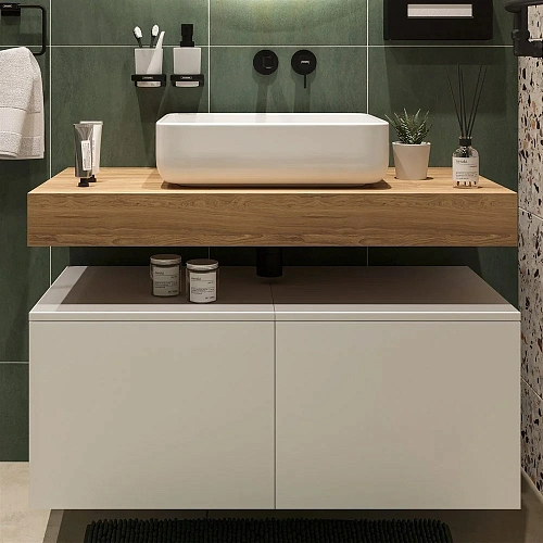 Комплект мебели STWORKI Ольборг 100 столешница дуб французский, без отверстий, 2 тумбы 50, с раковин 489113 Комплект мебели STWORKI Ольборг 100 столешница дуб французский, без отверстий, 2 тумбы 50, с раковин 489113