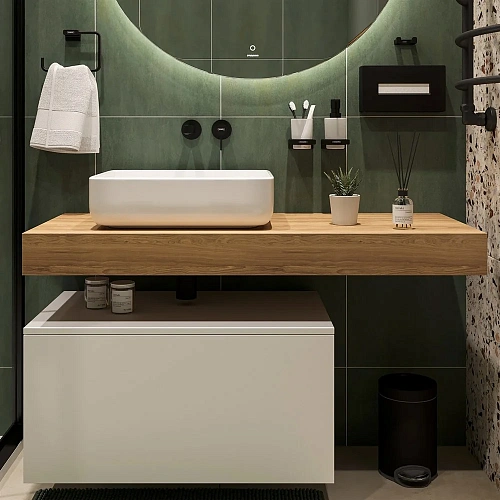 Комплект мебели STWORKI Ольборг 120 столешница дуб французский, без отверстий, с тумбой 80, с ракови 489182 Комплект мебели STWORKI Ольборг 120 столешница дуб французский, без отверстий, с тумбой 80, с ракови 489182