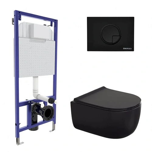 Комплект унитаза BERGES EGO Black Rimless с инсталляцией NOVUM, кнопка R5, сидение Toma Black Slim S 045225 Комплект унитаза BERGES EGO Black Rimless с инсталляцией NOVUM, кнопка R5, сидение Toma Black Slim S 045225