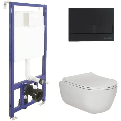 Комплект унитаза BERGES EGO Rimless с инсталляцией NOVUM525, кнопка L5 SoftTouch черная, сидение мик 047215 Комплект унитаза BERGES EGO Rimless с инсталляцией NOVUM525, кнопка L5 SoftTouch черная, сидение мик 047215
