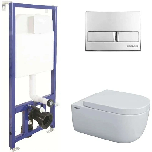 Комплект унитаза BERGES EGO XL с инсталляцией NOVUM525, кнопка L3 хром глянец, Крышка-сиденье 043233 Комплект унитаза BERGES EGO XL с инсталляцией NOVUM525, кнопка L3 хром глянец, Крышка-сиденье 043233