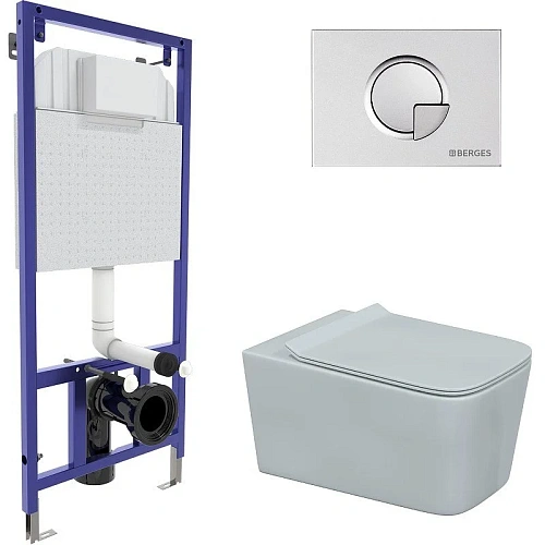 Комплект унитаза BERGES FLOE с инсталляцией NOVUM525, кнопкой R2 хром матовый, сиденье дюропласт FLO 043281 Комплект унитаза BERGES FLOE с инсталляцией NOVUM525, кнопкой R2 хром матовый, сиденье дюропласт FLO 043281