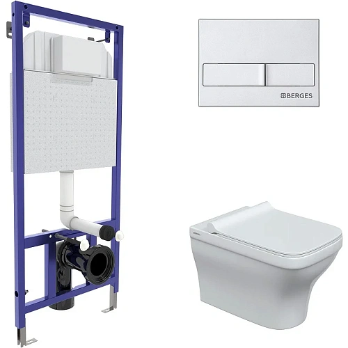 Комплект унитаза BERGES Strati Rimless с инсталляцией NOVUM кнопкой L2 хром матовый, сидение дюропла 042453 Комплект унитаза BERGES Strati Rimless с инсталляцией NOVUM кнопкой L2 хром матовый, сидение дюропла 042453