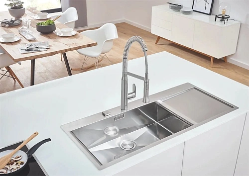 Кухонная мойка Grohe K1000 из нержавеющей стали с корзинчатым вентилем, левая/правая 31581SD0 Кухонная мойка Grohe K1000 из нержавеющей стали с корзинчатым вентилем, левая/правая 31581SD0