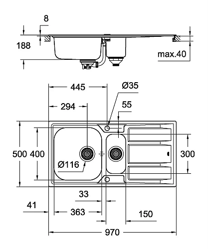 Кухонная мойка Grohe K400 из нержавеющей стали с корзинчатым вентилем, 31567SD0, левая/правая Кухонная мойка Grohe K400 из нержавеющей стали с корзинчатым вентилем, 31567SD0, левая/правая