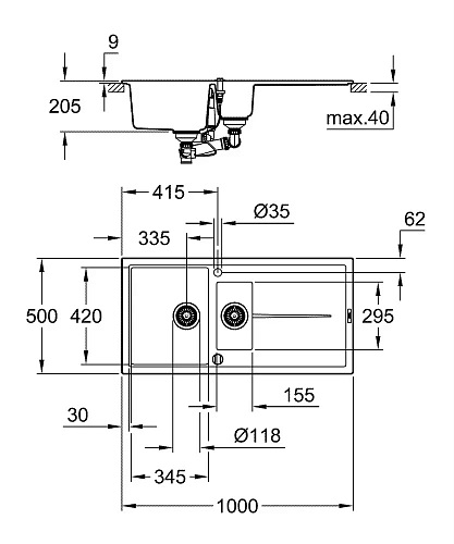 Кухонная мойка GROHE K400 с 1,5 чашей, 1000 x 500 мм, серый гранит (31642AT0) Кухонная мойка GROHE K400 с 1,5 чашей, 1000 x 500 мм, серый гранит (31642AT0)