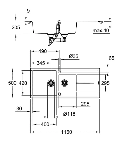 Кухонная мойка GROHE K400 с 1,5 чашей, серый гранит (31643AT0) Кухонная мойка GROHE K400 с 1,5 чашей, серый гранит (31643AT0)