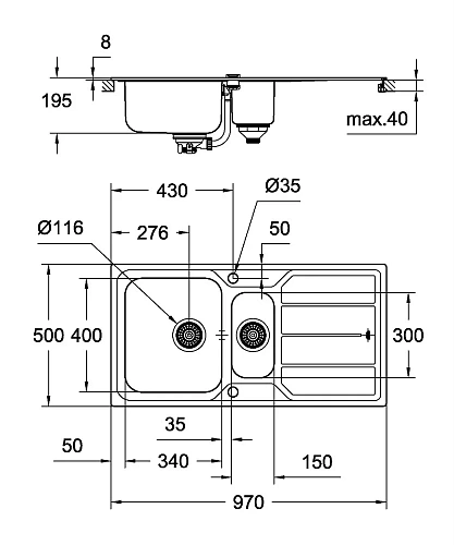 Кухонная мойка Grohe K500 из нержавеющей стали с корзинчатым вентилем, 31571SD0, левая/правая Кухонная мойка Grohe K500 из нержавеющей стали с корзинчатым вентилем, 31571SD0, левая/правая
