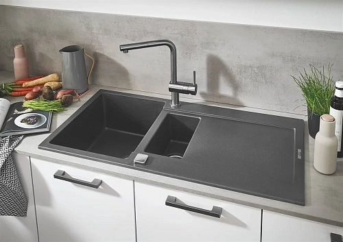 Кухонная мойка GROHE K500 с 1,5 чашей, 1000 x 500 мм, серый гранит (31646AT0) Кухонная мойка GROHE K500 с 1,5 чашей, 1000 x 500 мм, серый гранит (31646AT0)