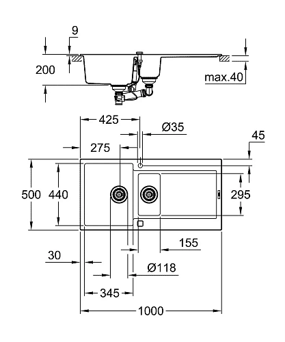 Кухонная мойка GROHE K500 с 1,5 чашей, 1000 x 500 мм, черный гранит (31646AP0) Кухонная мойка GROHE K500 с 1,5 чашей, 1000 x 500 мм, черный гранит (31646AP0)