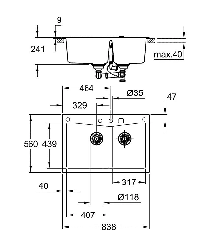 Кухонная мойка GROHE K700 с 2 чашами, 838 x 559 мм, серый гранит (31657AT0) Кухонная мойка GROHE K700 с 2 чашами, 838 x 559 мм, серый гранит (31657AT0)