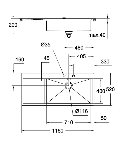 Кухонная мойка GROHE из нержавеющей стали с корзинчатым вентилем, расположение основной чаши справа, 31582SD0 Кухонная мойка GROHE из нержавеющей стали с корзинчатым вентилем, расположение основной чаши справа, 31582SD0