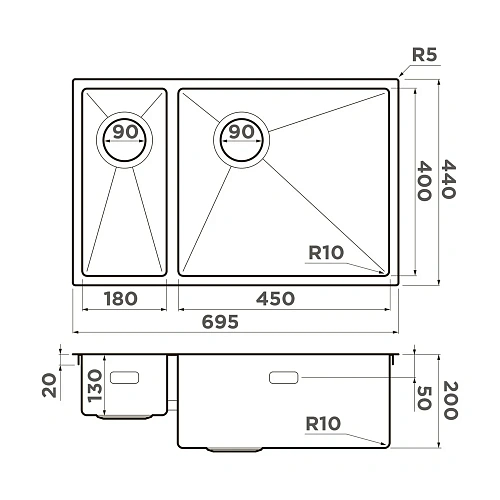 Кухонная мойка Omoikiri Taki 69-2-U/IF-GB-R Side нержавеющая сталь/графит 4993183 Кухонная мойка Omoikiri Taki 69-2-U/IF-GB-R Side нержавеющая сталь/графит 4993183