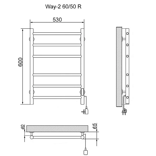 Полотенцесушитель электрическийкабельный Ника WAY-2 60/50 RAL9016 белый матовый U Полотенцесушитель электрическийкабельный Ника WAY-2 60/50 RAL9016 белый матовый U
