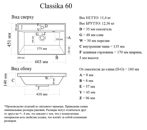 Раковина AQUAme Classica 60 4627173210164 мебельная Раковина AQUAme Classica 60 4627173210164 мебельная