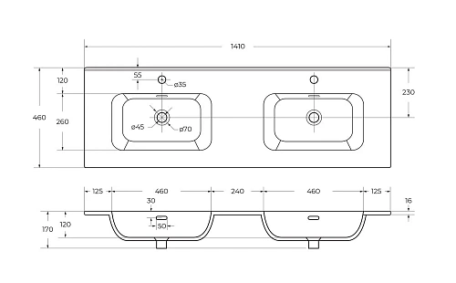 Раковина CEZARES CZR-8095-140-2 с двумя чашами белый 1410x460 керамика Раковина CEZARES CZR-8095-140-2 с двумя чашами белый 1410x460 керамика