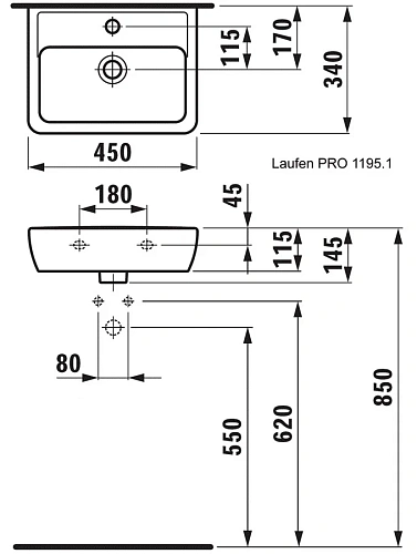 Раковина Laufen Pro A 1195.1 (450x340x145мм, 8.1195.1.000.104.1) Раковина Laufen Pro A 1195.1 (450x340x145мм, 8.1195.1.000.104.1)