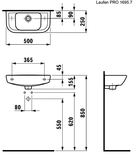 Раковина Laufen Pro C 1695.7 (8.1695.7.000.105.1) 500x250x155мм, левая Раковина Laufen Pro C 1695.7 (8.1695.7.000.105.1) 500x250x155мм, левая