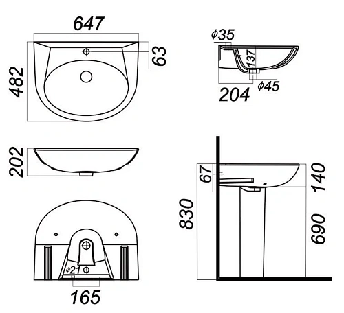 Раковина SANITA LUXE Classic 65 WB.PD/Classic/65-C/WHT.G/S1 Раковина SANITA LUXE Classic 65 WB.PD/Classic/65-C/WHT.G/S1