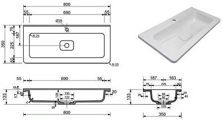 Раковина Style Line Каре Люкс МИНИ 800х350 СС-00002297 Раковина Style Line Каре Люкс МИНИ 800х350 СС-00002297