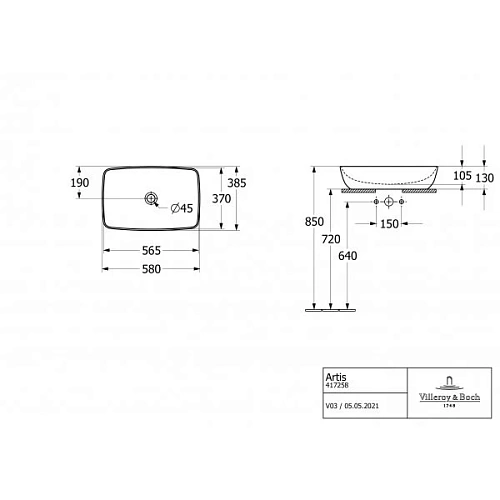 Раковина Villeroy & Boch Artis 58.5 x 38.5 см Bordeaux 417258BCS9 накладная Раковина Villeroy & Boch Artis 58.5 x 38.5 см Bordeaux 417258BCS9 накладная