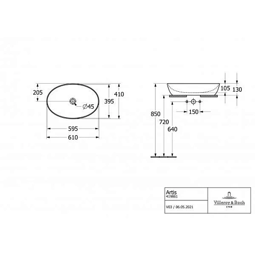 Раковина Villeroy & Boch Artis 61 x 41 см Bordeaux 419861BCS9 накладная Раковина Villeroy & Boch Artis 61 x 41 см Bordeaux 419861BCS9 накладная
