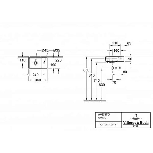 Раковина Villeroy & Boch Avento 36 x 22 см 43003L01 Раковина Villeroy & Boch Avento 36 x 22 см 43003L01