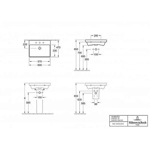 Раковина Villeroy & Boch Avento 47 x 60 см 415860R1 Раковина Villeroy & Boch Avento 47 x 60 см 415860R1