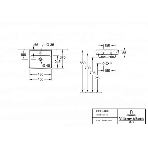Раковина Villeroy & Boch Collaro 37 x 45 см 43344501 Раковина Villeroy & Boch Collaro 37 x 45 см 43344501