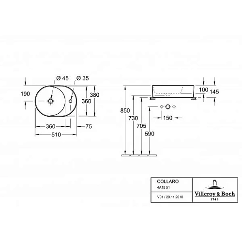 Раковина Villeroy & Boch Collaro 38 x 51 см 4A155101 накладная Раковина Villeroy & Boch Collaro 38 x 51 см 4A155101 накладная