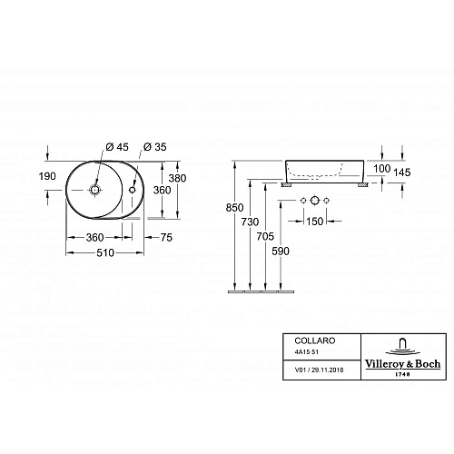 Раковина Villeroy & Boch Collaro 38 x 51 см 4A1551R1 накладная Раковина Villeroy & Boch Collaro 38 x 51 см 4A1551R1 накладная