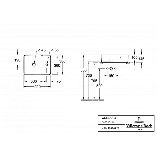 Раковина Villeroy & Boch Collaro 38 x 51 см 4A175301 накладная Раковина Villeroy & Boch Collaro 38 x 51 см 4A175301 накладная