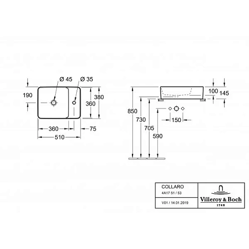 Раковина Villeroy & Boch Collaro 38 x 51 см 4A175301 накладная Раковина Villeroy & Boch Collaro 38 x 51 см 4A175301 накладная