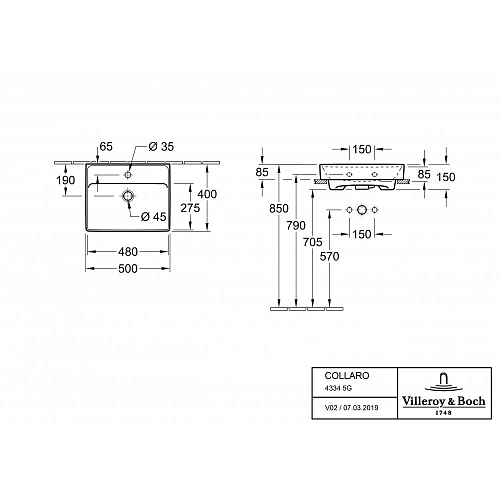 Раковина Villeroy & Boch Collaro 40 x 50.1 см CeramicPlus 43345GR1 Раковина Villeroy & Boch Collaro 40 x 50.1 см CeramicPlus 43345GR1