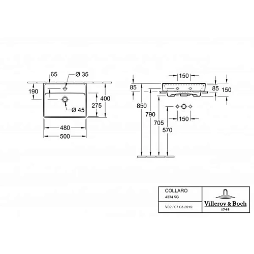 Раковина Villeroy & Boch Collaro 40 x 50.1 см CeramicPlus 43345GR1 Раковина Villeroy & Boch Collaro 40 x 50.1 см CeramicPlus 43345GR1