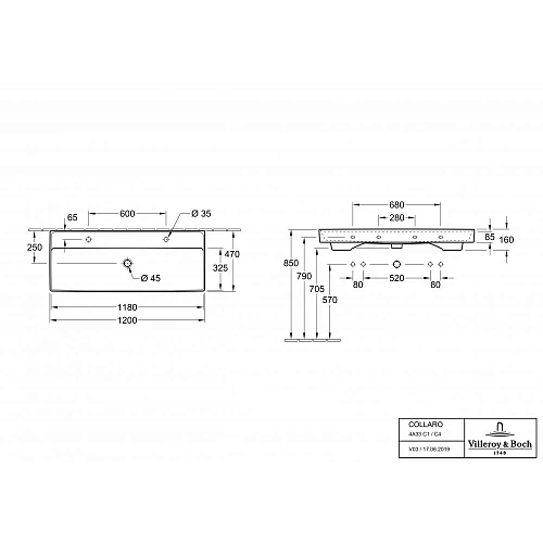 Раковина Villeroy & Boch Collaro 47 x 120 см 4A33C4R1 Раковина Villeroy & Boch Collaro 47 x 120 см 4A33C4R1