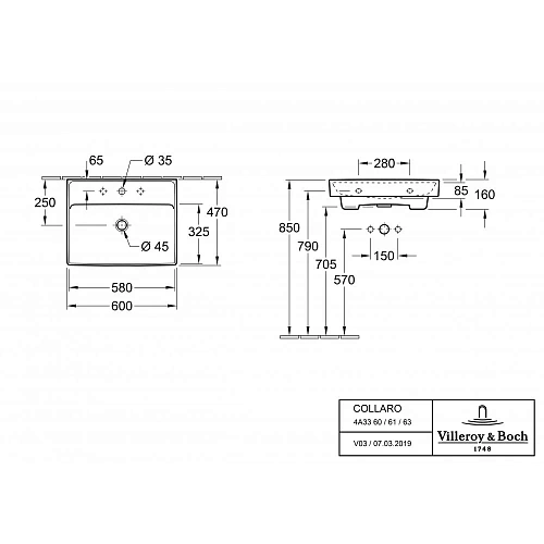 Раковина Villeroy & Boch Collaro 47 x 46.5 см CeramicPlus 4A3363RW Раковина Villeroy & Boch Collaro 47 x 46.5 см CeramicPlus 4A3363RW