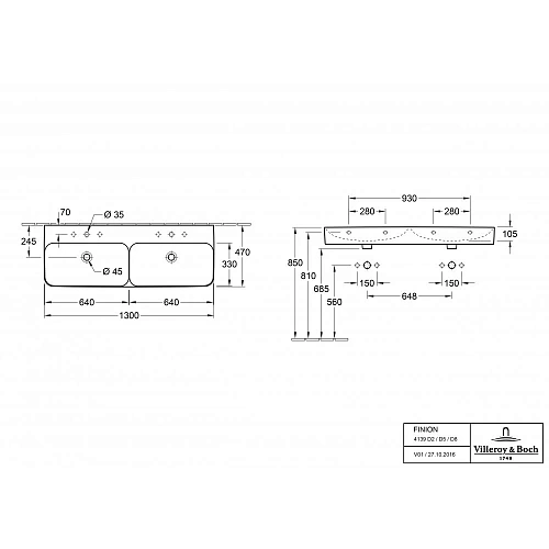 Раковина Villeroy & Boch Finion 47 x 130 см CeramicPlus 4139D2R1 Раковина Villeroy & Boch Finion 47 x 130 см CeramicPlus 4139D2R1