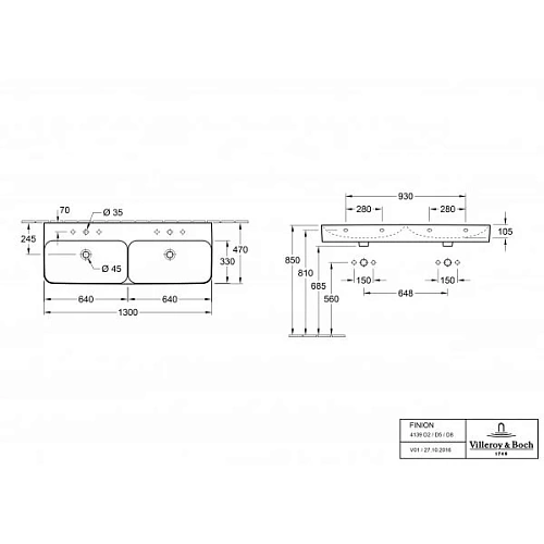 Раковина Villeroy & Boch Finion 47 x 130 см CeramicPlus 4139D2R1 Раковина Villeroy & Boch Finion 47 x 130 см CeramicPlus 4139D2R1
