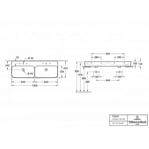 Раковина Villeroy & Boch Finion 47 x 130 см CeramicPlus 4139DCR1 Раковина Villeroy & Boch Finion 47 x 130 см CeramicPlus 4139DCR1