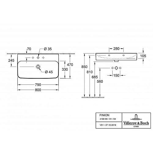 Раковина Villeroy & Boch Finion 47 x 80 см CeramicPlus 416884R1 Раковина Villeroy & Boch Finion 47 x 80 см CeramicPlus 416884R1
