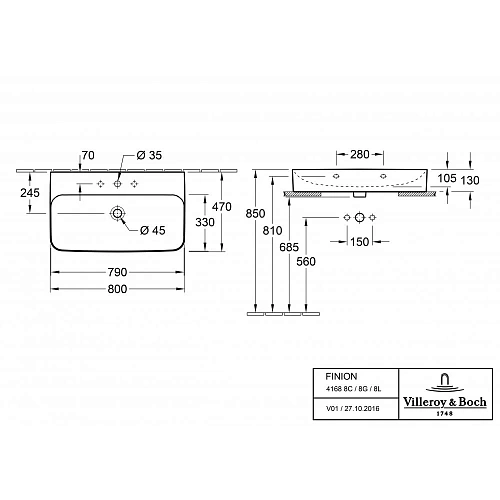Раковина Villeroy & Boch Finion 47 x 80 см CeramicPlus 41688LR1 Раковина Villeroy & Boch Finion 47 x 80 см CeramicPlus 41688LR1