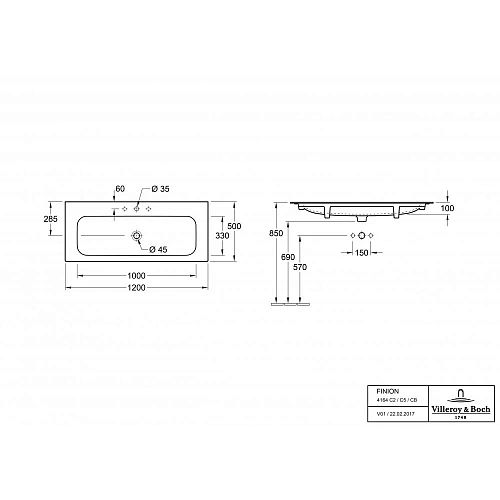 Раковина Villeroy & Boch Finion 50 x 120 см CeramicPlus 4164CBR1 мебельная Раковина Villeroy & Boch Finion 50 x 120 см CeramicPlus 4164CBR1 мебельная