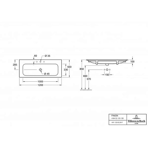 Раковина Villeroy & Boch Finion 50 x 120 см CeramicPlus 4164CBR1 мебельная Раковина Villeroy & Boch Finion 50 x 120 см CeramicPlus 4164CBR1 мебельная