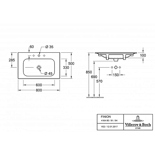 Раковина Villeroy & Boch Finion 50 x 80 см CeramicPlus 416484R1 мебельная Раковина Villeroy & Boch Finion 50 x 80 см CeramicPlus 416484R1 мебельная