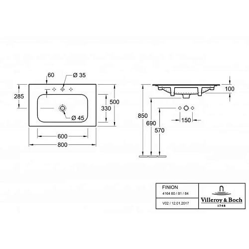 Раковина Villeroy & Boch Finion 50 x 80 см CeramicPlus 416484R1 мебельная Раковина Villeroy & Boch Finion 50 x 80 см CeramicPlus 416484R1 мебельная