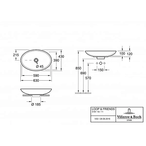 Раковина Villeroy & Boch Loop & Friends 43 x 63 см CeramicPlus 515110R1 накладная Раковина Villeroy & Boch Loop & Friends 43 x 63 см CeramicPlus 515110R1 накладная