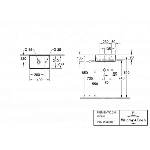Раковина Villeroy & Boch Memento 2.0 26 x 40 см 432340R1 Раковина Villeroy & Boch Memento 2.0 26 x 40 см 432340R1