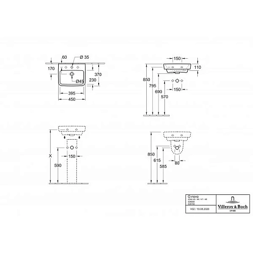 Раковина Villeroy & Boch O.novo 45 x 37 см CeramicPlus 434446T2 компактная Раковина Villeroy & Boch O.novo 45 x 37 см CeramicPlus 434446T2 компактная